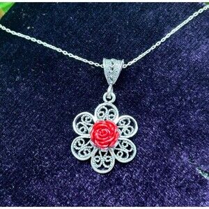 925 Sterling Silver Turkish Filigree Flower Necklace for Women, NEW,HandmadeGift